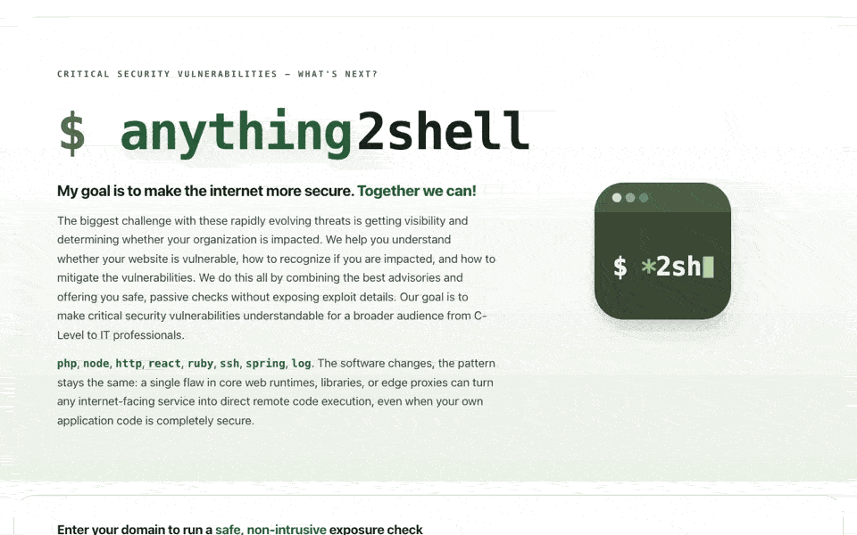 Animated walkthrough of Anything2Shell.com showing safe domain exposure checks, advisories, mitigations, and executive risk insights