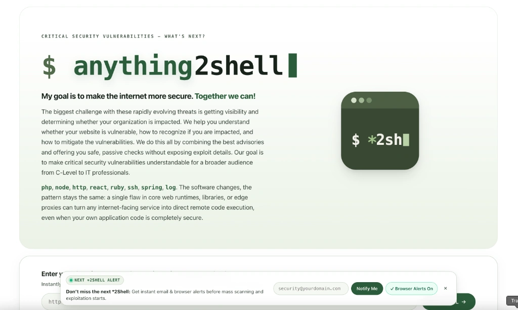 Anything2Shell.com: Free Visibility, Alerts & Mitigations for Rapidly Evolving *2Shell RCE Attacks